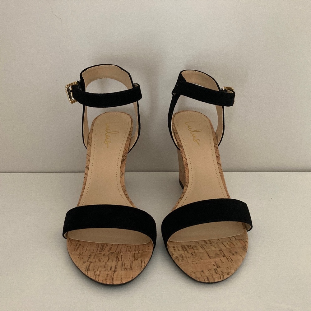 Lulu's Whitney Black Suede Wedge Sandals - Size 9